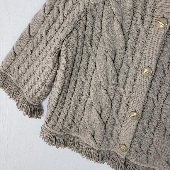 ST. JOHN Wool Blend Sweater Cardigan Fringe Soft Cable Knit Taupe Gray size M - Picture 5 of 15